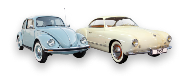 Bilder eines Käfer und eines Karmann-Ghia Fahrzeugs